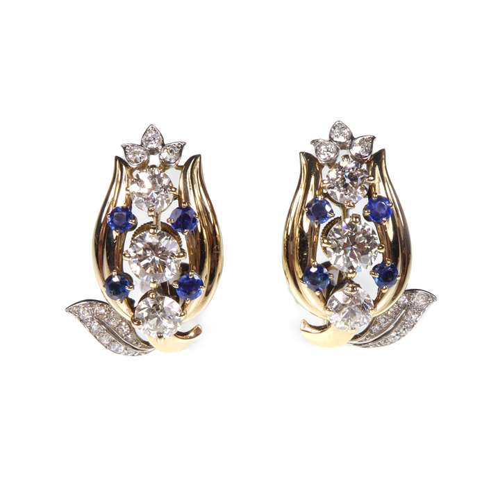Pair of diamond, sapphire and gold earrings